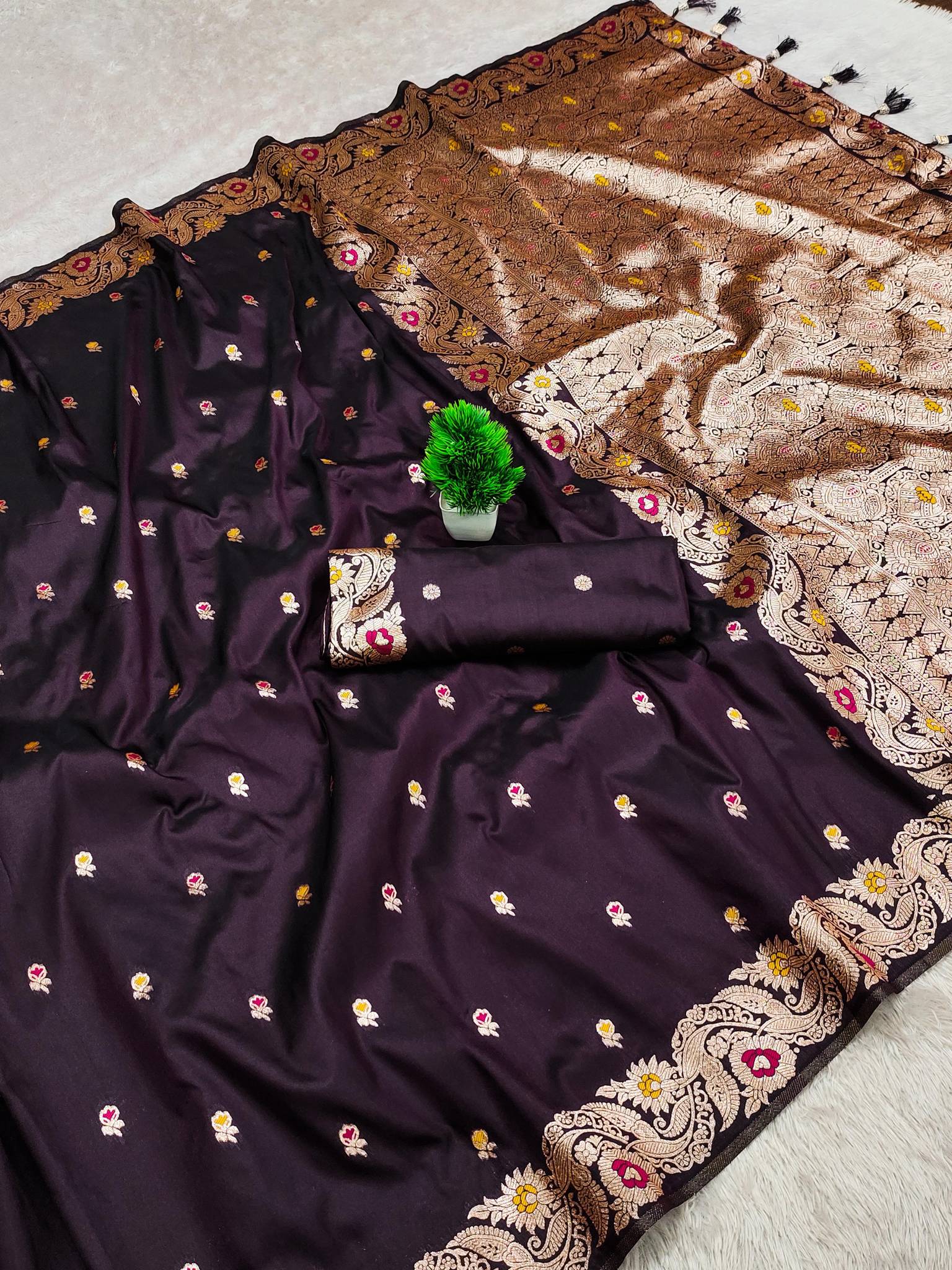 Brown Shahi Banarasi Silk Saree with Meenakari Rich Pallu